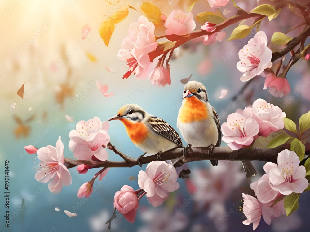 Flock of birds are singing happily on the branches of a tree with spring flower blossoms and sun light , spring season background Flock of birds are singing happily on the branches of a tree with spring flower blossoms and sun light , spring season background