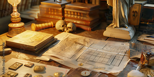 Close-up of a museum curator's desk with artifact catalogues and exhibition plans, symbolizing a job in museum curation photo
