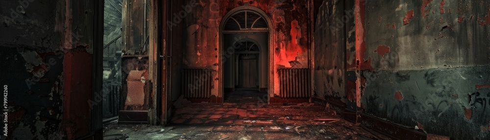 mysterious world of urban exploration to life with a striking frontal view Illuminate the scene with dramatic,lighting to add depth and intensity Show the raw beauty of forgotten places in stunning