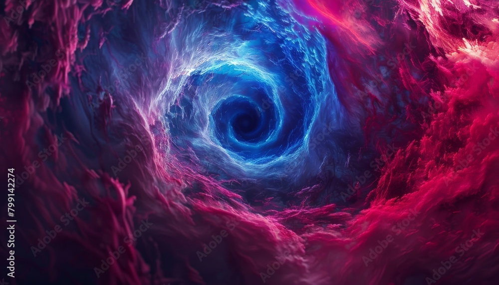An otherworldly abstract composition with a swirling vortex of indigo blue and crimson, reminiscent of a nebula in deep space  