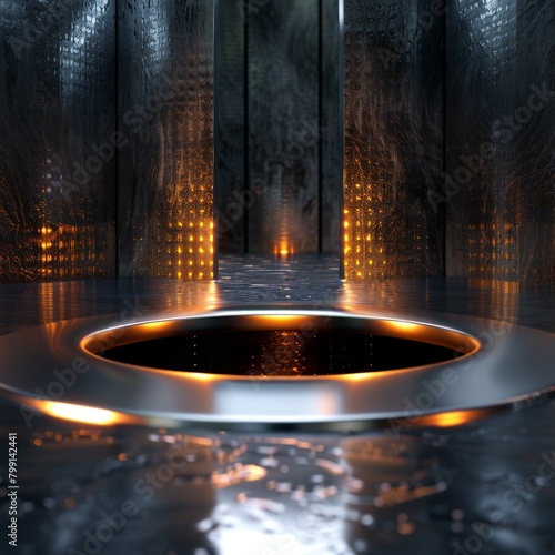 Brushed stainless steel with a soft, diffused glow emanating from within, creating a sense of mystery and intrigue 