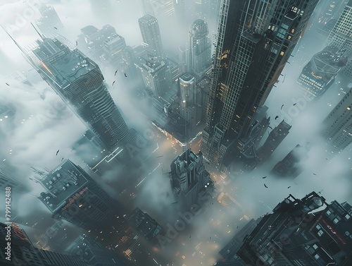 Capture a panoramic view of a dystopian cityscape, showcasing towering skyscrapers engulfed in smoggy hues, with dance forms intertwined between debris, shot from dramatic high-angle perspectives.