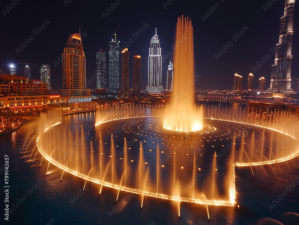 A large fountain with many jets of water shooting up into the air. The water is lit up with a warm glow, creating a beautiful and serene atmosphere. The fountain is surrounded by tall buildings