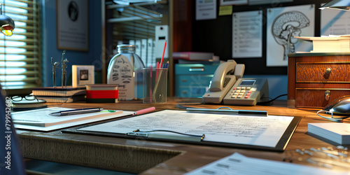 Close-up of a forensic psychologist's desk with psychological assessment tools and case notes, showcasing a job in forensic psychology