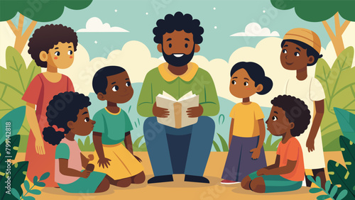 A group of children gathered around a storyteller listening intently as they learn about the origins and traditions of Juneteenth.. Vector illustration