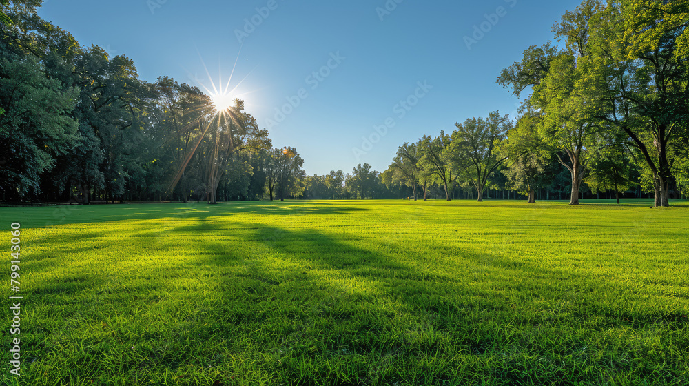  panoramic view of the expansive meadow, captured from an elevated perspective with clear blue skies overhead and lush green grass stretching as far as the eye can see. Created with Ai