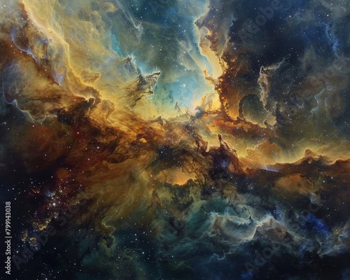 Craft a mesmerizing tableau of celestial wonders  intertwining nebulae and star clusters with a poetic interpretation Infuse the essence of space exploration into impressionistic landscapes. 