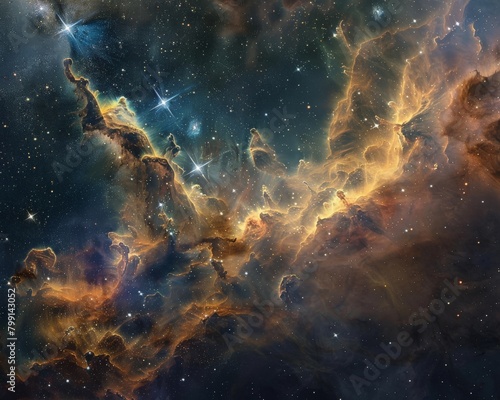 Craft a mesmerizing tableau of celestial wonders, intertwining nebulae and star clusters with a poetic interpretation Infuse the essence of space exploration into impressionistic landscapes. 