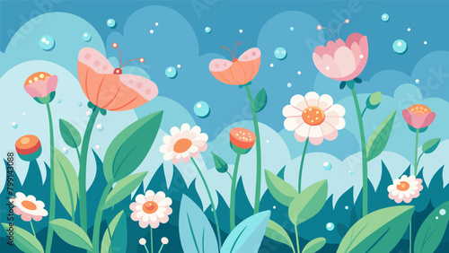 As the morning dew sparkles on the flowers a chorus of butterflies fills the garden with their soft and serene whispers.. Vector illustration