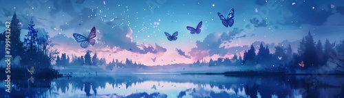 Craft a scene of robotic butterflies fluttering above a crystal-clear lake, reflecting a star-studded night sky, combining photorealism with dreamlike details in watercolor-inspired textures.  © EC Tech 