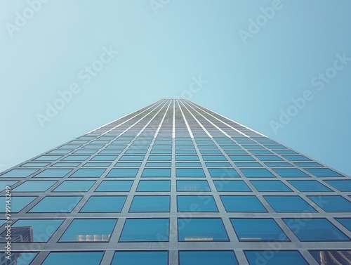 A tall building with many windows and a blue sky in the background