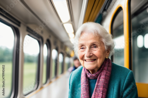 Upper body shot of a cheerful elderly lady chatting with fellow passengers on a train, exuding happiness.. AI generated. © Petr