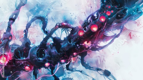 Detail the bio-mechanical integration of a spine with glowing neural implants, entwined with dark, pulsating veins Watercolor effects enhance the eerie blend of futuristic tech and horror. 