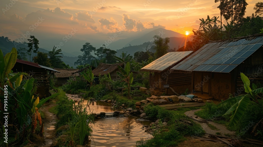 Serene View of Solar-Powered Water Purification System in Rural Village - Life-Changing Technology with Hopeful Community Impact Serene View of Solar-Powered Water Purification System in Rural Village - Life-Changing Technology with Hopeful Community Impact