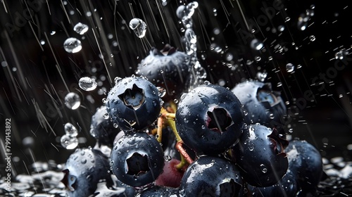 Ripe Blueberries Plunging into Captivating Black Water Tank Generating Mesmerizing Splash Patterns and Vivid Contrasts Generative ai