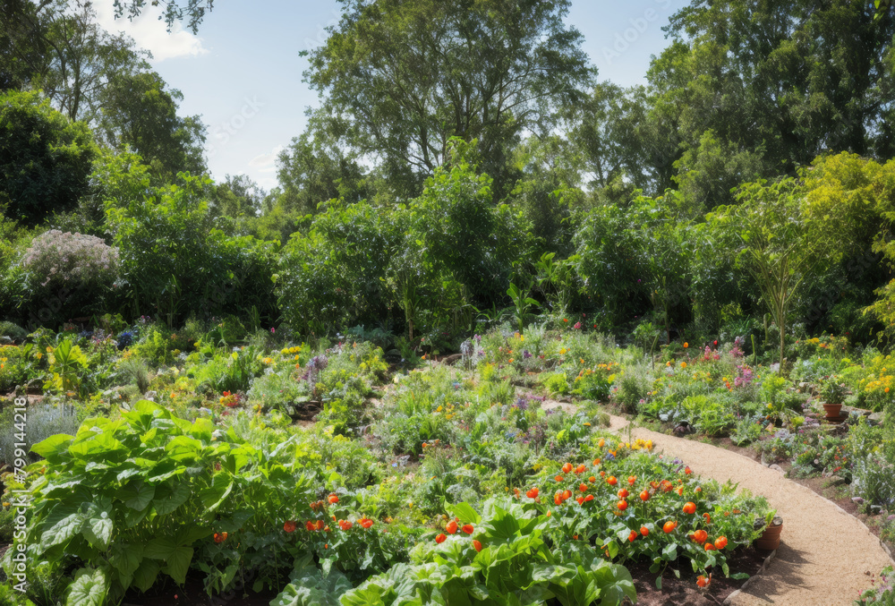 Lush and diverse permaculture garden brimming with various plants and vegetables. AI generated.