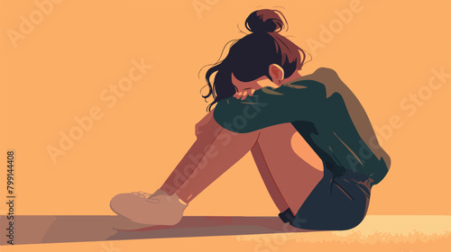Sad crying lonely young woman sitting on floor. Dep photo