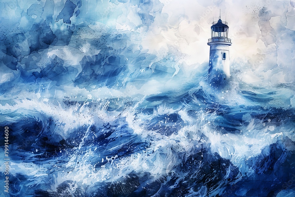 Illustrate a majestic ocean panorama with a towering lighthouse symbolizing leadership Show a diverse crew of sailors embodying teamwork amid turbulent waves in vivid watercolor style. 
