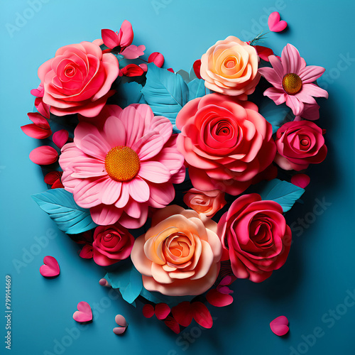 valentines day background with colorful flowers  A heart shaped wreath made of pink and red flowers on a dark background  generate ai 