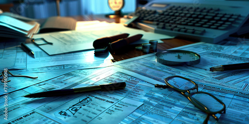 Close-up of a forensic accountant's desk with financial statements and fraud investigation reports, illustrating a job in forensic accounting photo