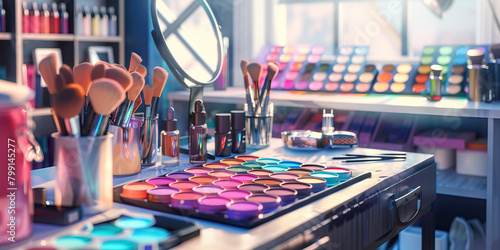 Close-up of a makeup artist's desk with makeup palettes and beauty tools, representing a job in makeup artistry photo