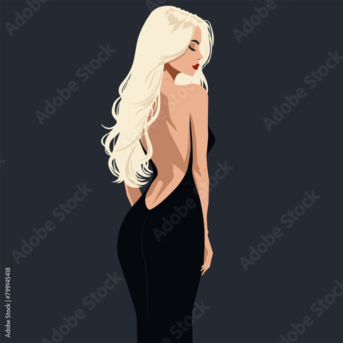 Vector flat fashion illustration of a beautiful sexy blonde young woman in an elegant black dress with bare back and shoulders. Back view.
