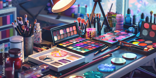 Close-up of a makeup artist's desk with makeup palettes and beauty tools, representing a job in makeup artistry photo