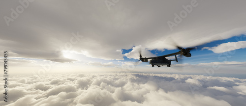 Fototapeta Naklejka Na Ścianę i Meble -  Military Aircraft flying over the Clouds. 3d Rendering