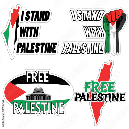 Free Palestine Text Logos with palestinian flag, palestine map, Al Aqsa Mosq, Freedom Fist, Set of four Vector Graphic Logos  © BluedarkArt
