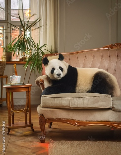 petit panda installé, allongé sur un canapé confortable en ia