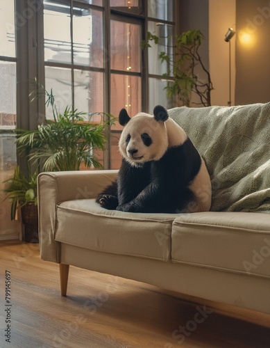 panda assis sur le canapé d'une maison confortable en ia