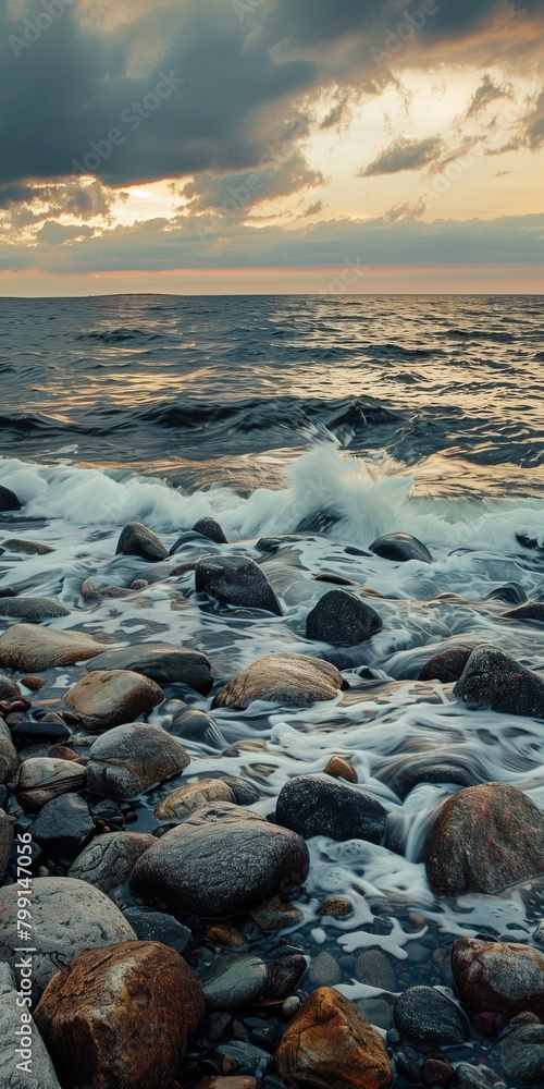 Obraz premium Waves wash ashore during a beautiful sunset. sky sunset in the clouds, stones in the sea or ocean, corals, wave movement