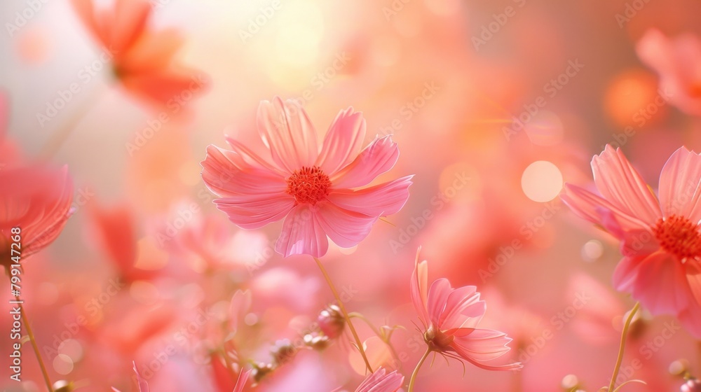Vibrant cosmos flowers in full bloom, basking in the warm, golden hues of the sunlight, creating a dreamy floral scene.