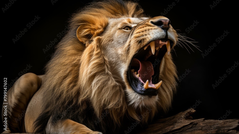 Fototapeta premium Close-up of a male lion roaring with its mouth wide open and teeth bared