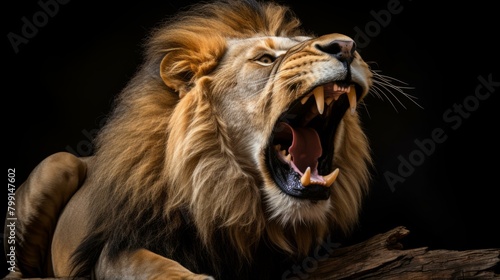 Close-up of a male lion roaring with its mouth wide open and teeth bared photo