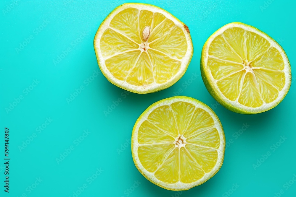 Three halves of a lime on a bright teal blue background