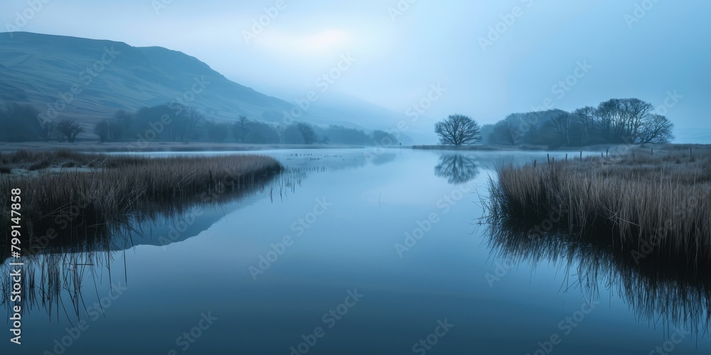 Misty lake in the morning with blue sky and white clouds