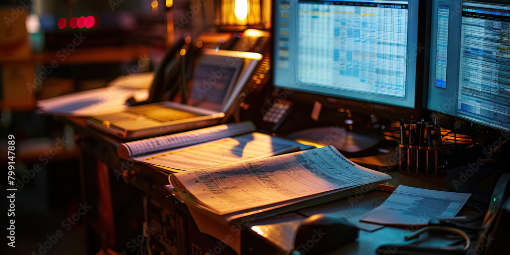 Fototapeta premium Close-up of a stage manager's desk with production schedules and cue sheets, showcasing a job in theater production