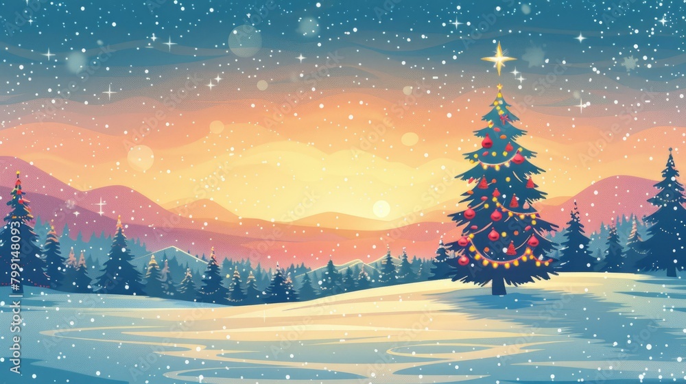 Fototapeta premium A snowy Christmas landscape with a decorated Christmas tree in the center