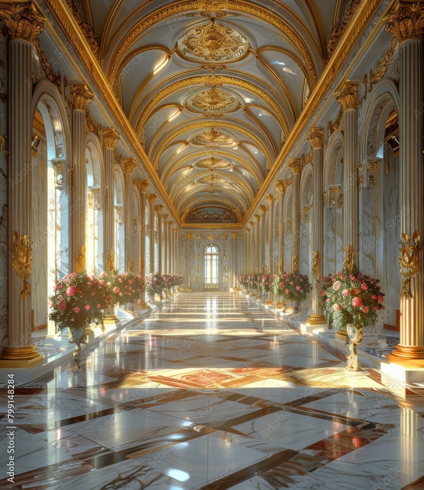 Fototapeta premium A Long Marble Gallery with Pink Flowerpots