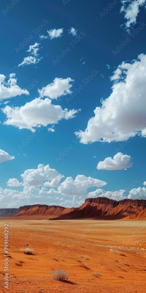 A vast desert landscape with red rocks and blue sky