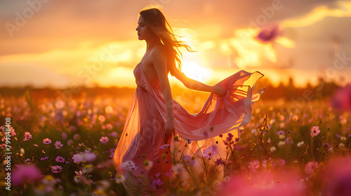 A gorgeous woman wearing a flowing summer dress, standing in a field of wildflowers with the sun setting behind her.