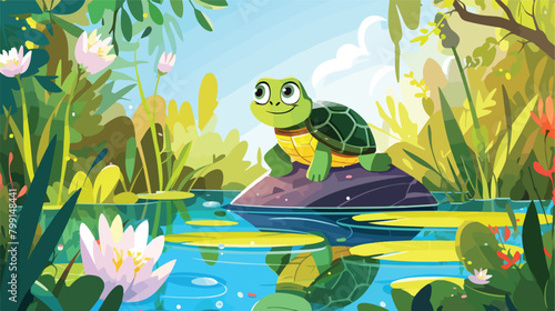 Scene with cute turtle sitting on stone near pond w