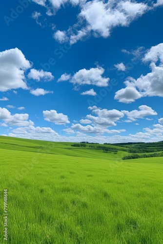 Green rolling hills under blue sky and white clouds