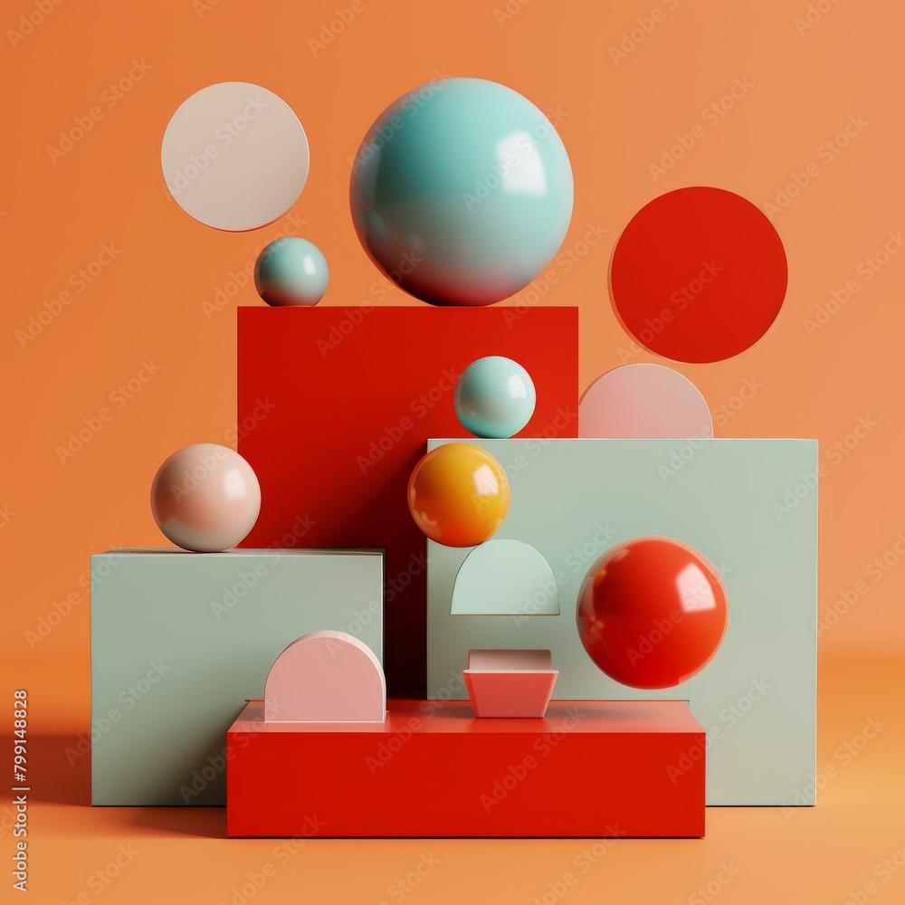 3D rendering of colorful geometric shapes on a red and orange background 3D rendering of colorful geometric shapes on a red and orange background