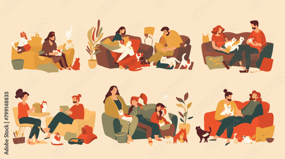 Scenes with happy people and cats relaxing at home.