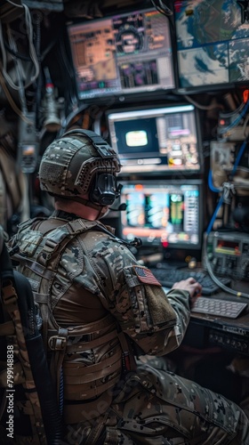 Soldier operating advanced military technology in a command center