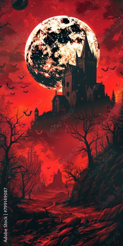 Blood red moon night sky over a haunted castle