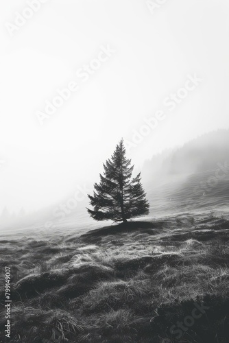 Black and white photo of a lonely tree in a foggy field
