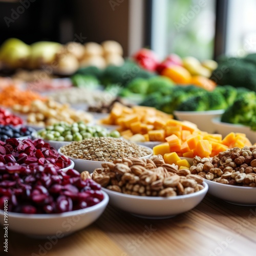 A variety of healthy food ingredients are arranged on a wooden table.